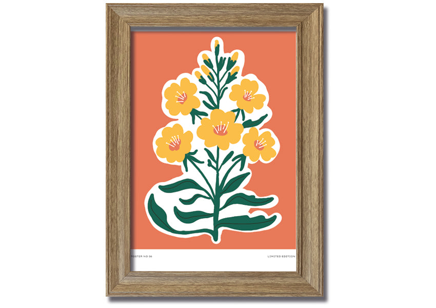 Framed print featuring vibrant yellow flowers on an orange background, ready to hang.