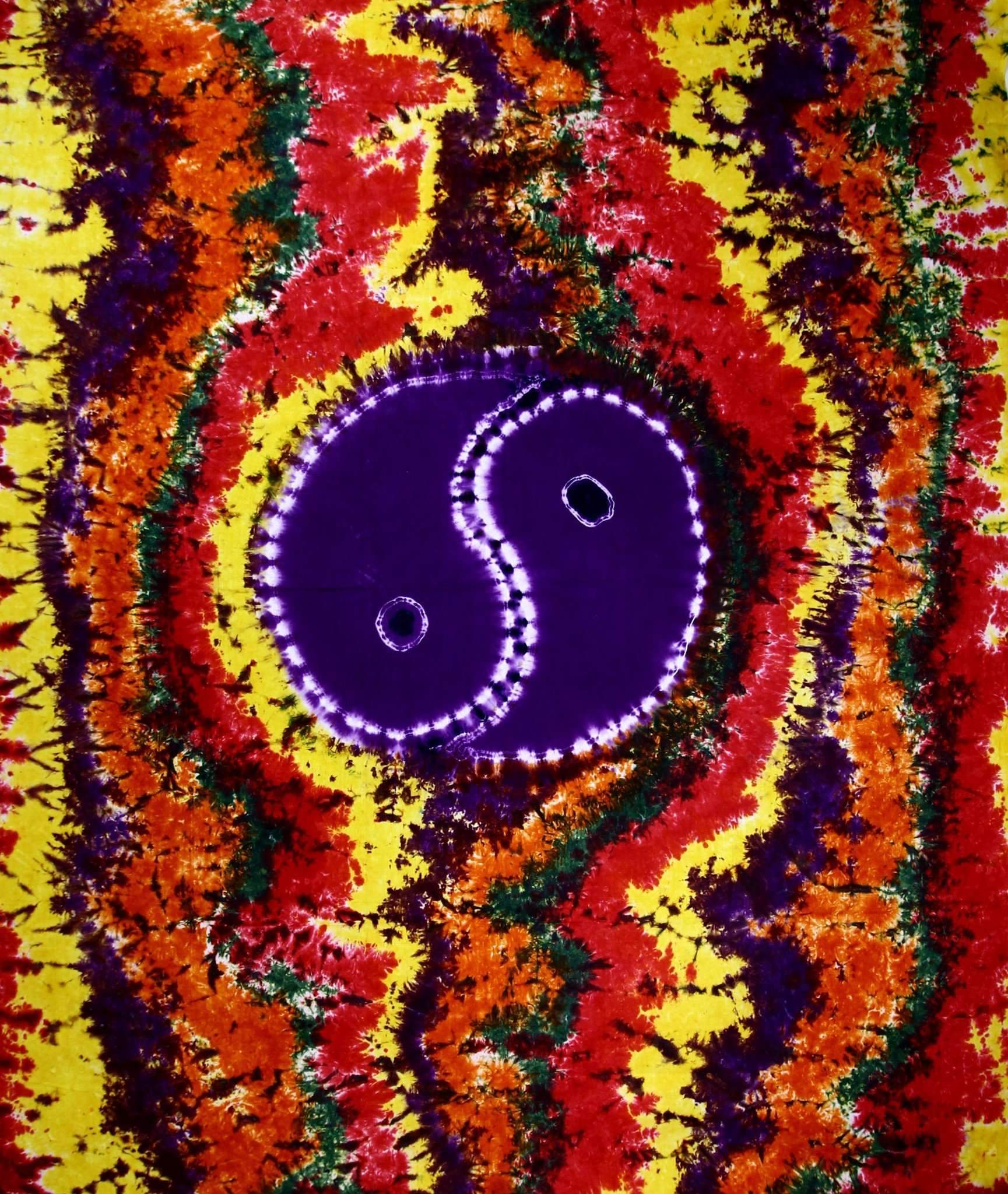 Yin Yang Tie Dye Tapestry featuring vibrant colors and a deep purple yin yang symbol, perfect for home decor.