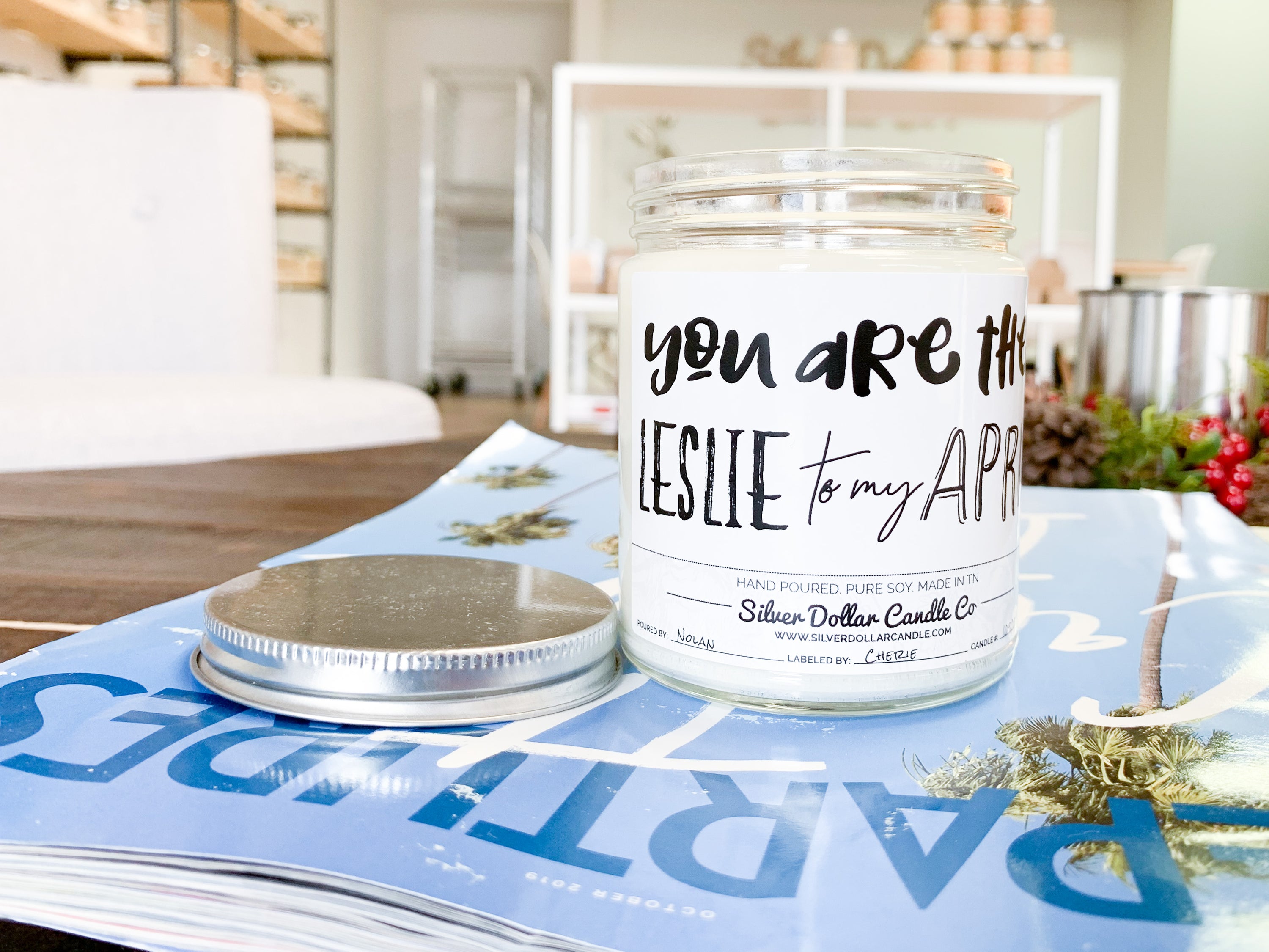 You Are The Leslie To My April Funny Love Candle in a beautifully designed box, showcasing its unique lid personalization option.