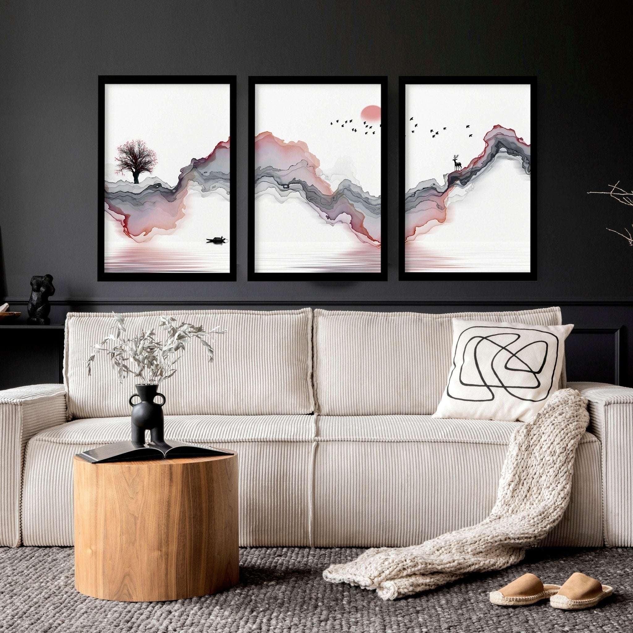 Set of 3 Zen-inspired framed wall art prints featuring calming colors and minimalist designs, perfect for home decor.
