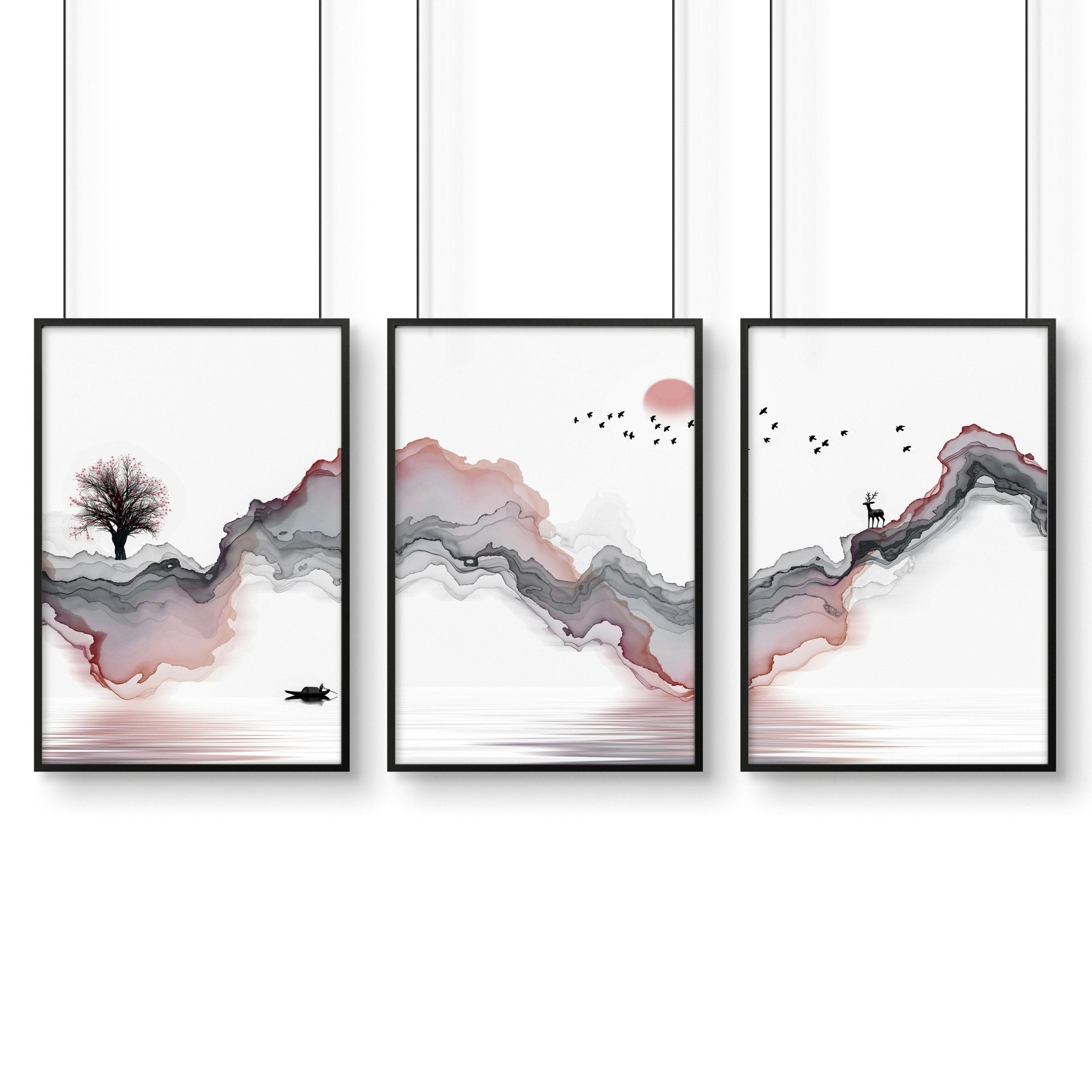 Set of 3 Zen-inspired framed wall art prints featuring calming colors and minimalist designs, perfect for home decor.