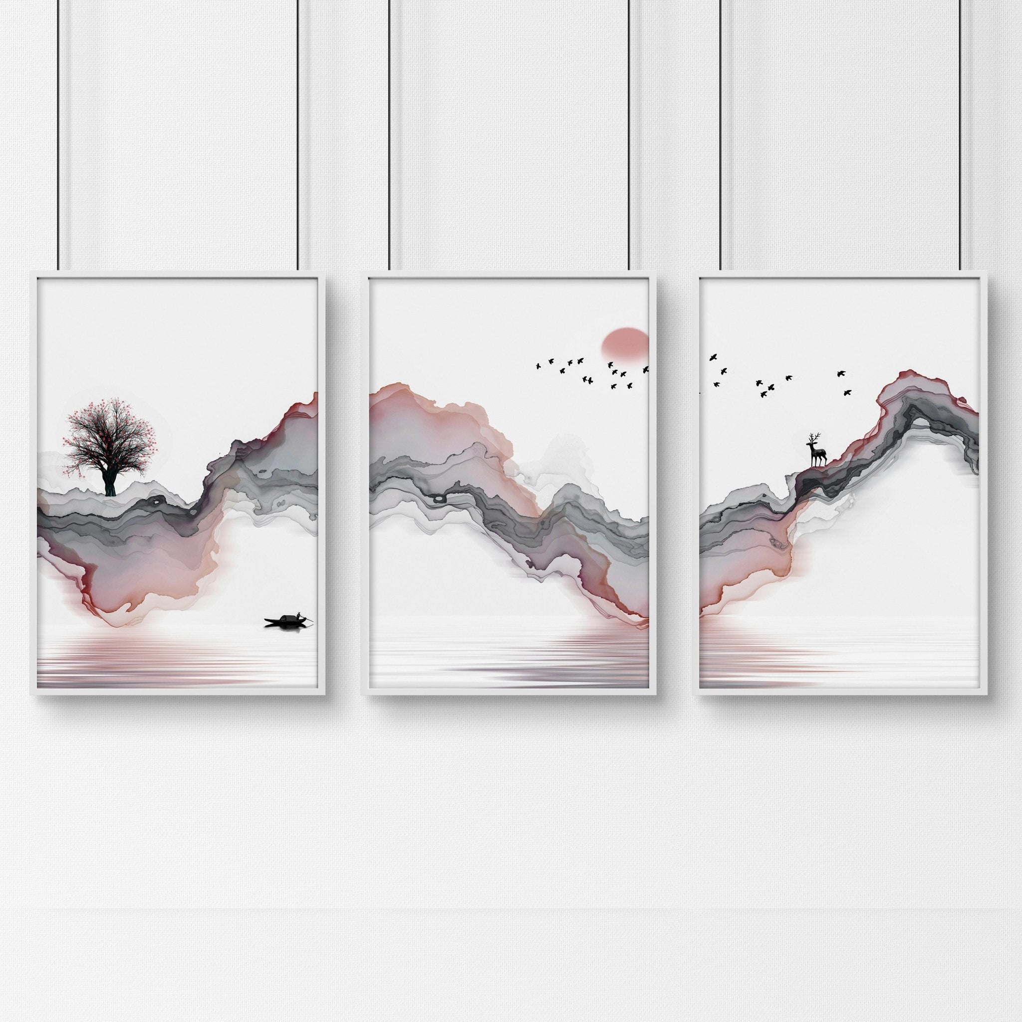 Set of 3 Zen-inspired framed wall art prints featuring calming colors and minimalist designs, perfect for home decor.