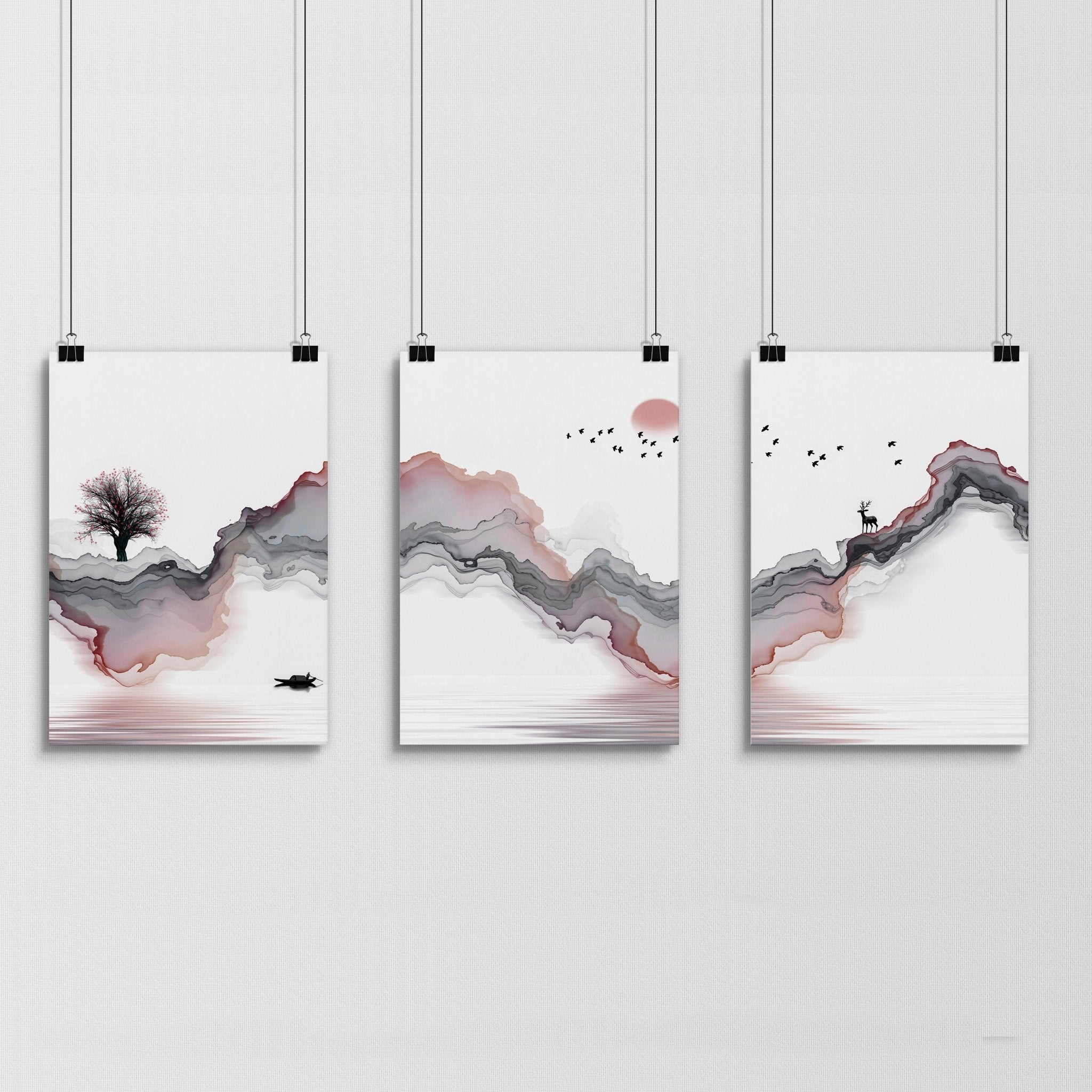 Set of 3 Zen-inspired framed wall art prints featuring calming colors and minimalist designs, perfect for home decor.