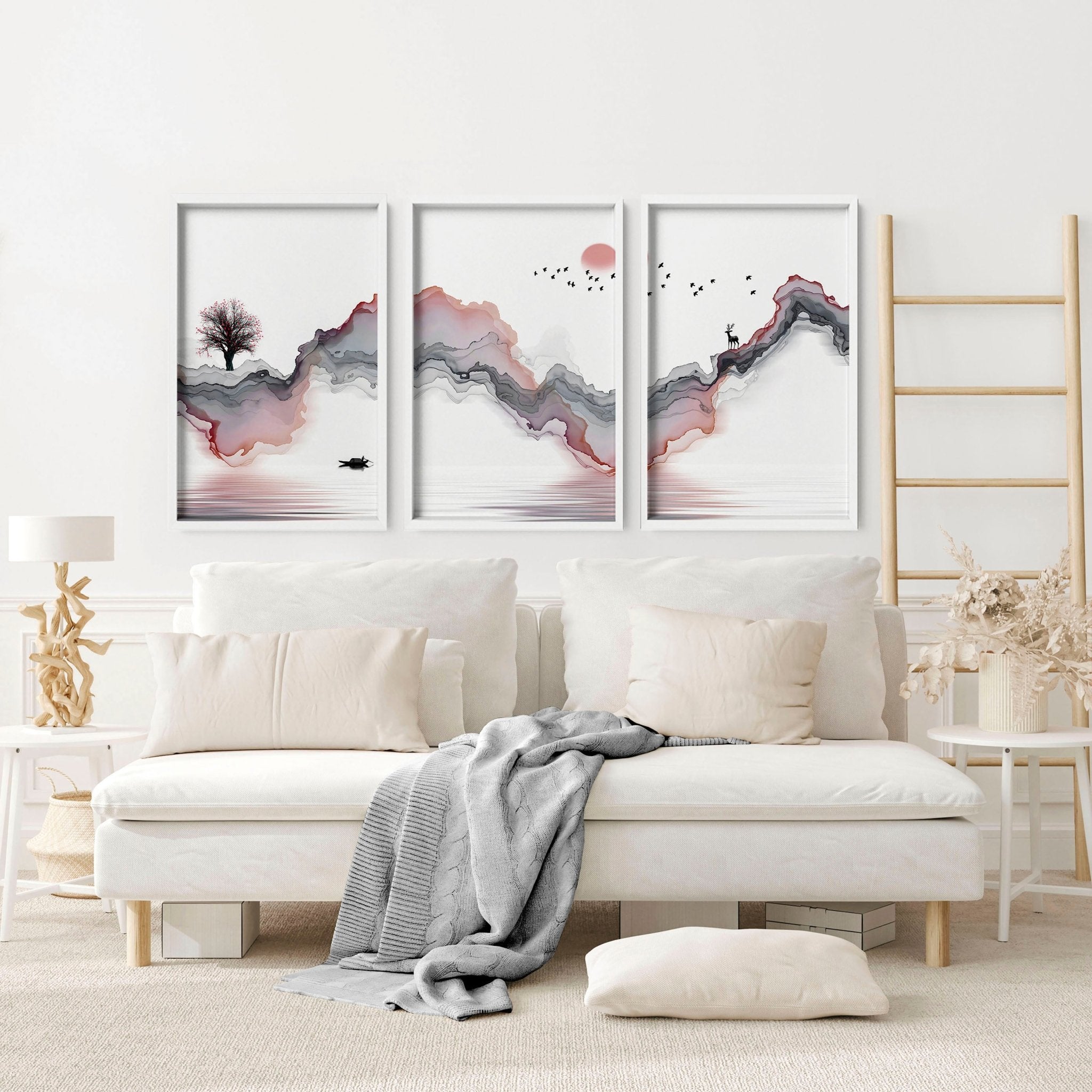 Set of 3 Zen-inspired framed wall art prints featuring calming colors and minimalist designs, perfect for home decor.