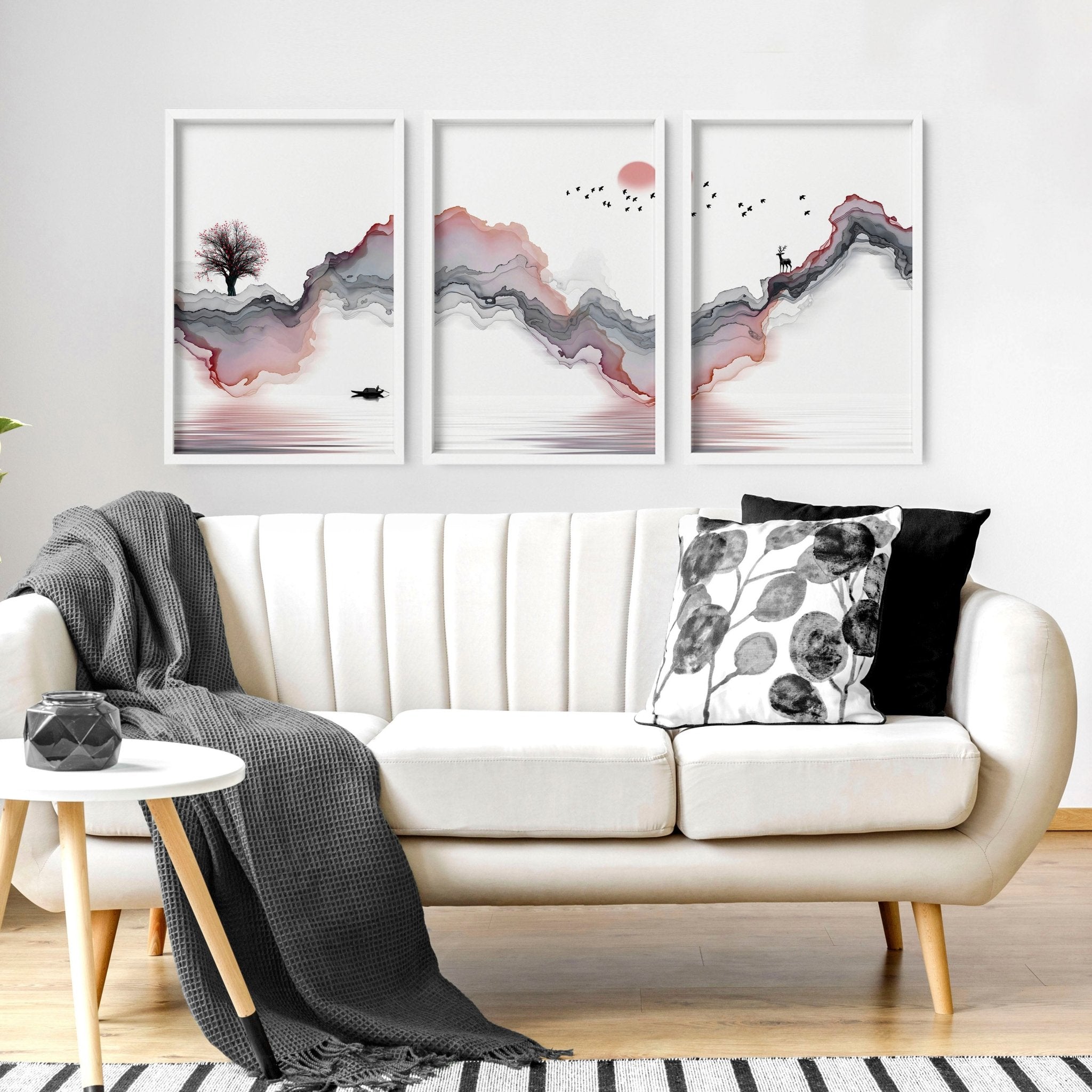 Set of 3 Zen-inspired framed wall art prints featuring calming colors and minimalist designs, perfect for home decor.