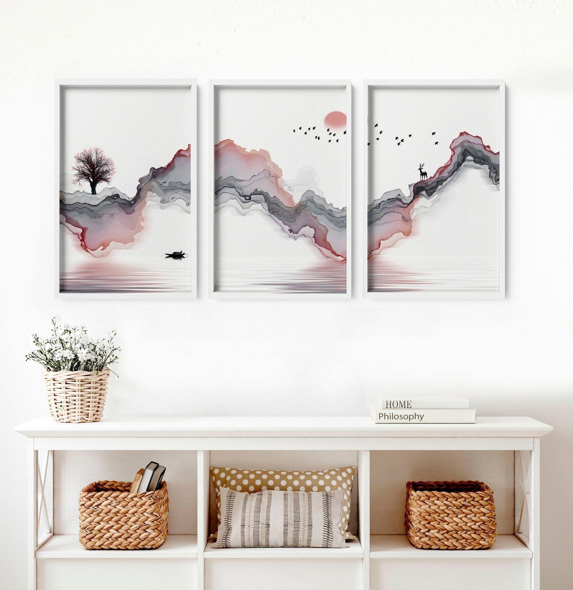 Set of 3 Zen-inspired framed wall art prints featuring calming colors and minimalist designs, perfect for home decor.