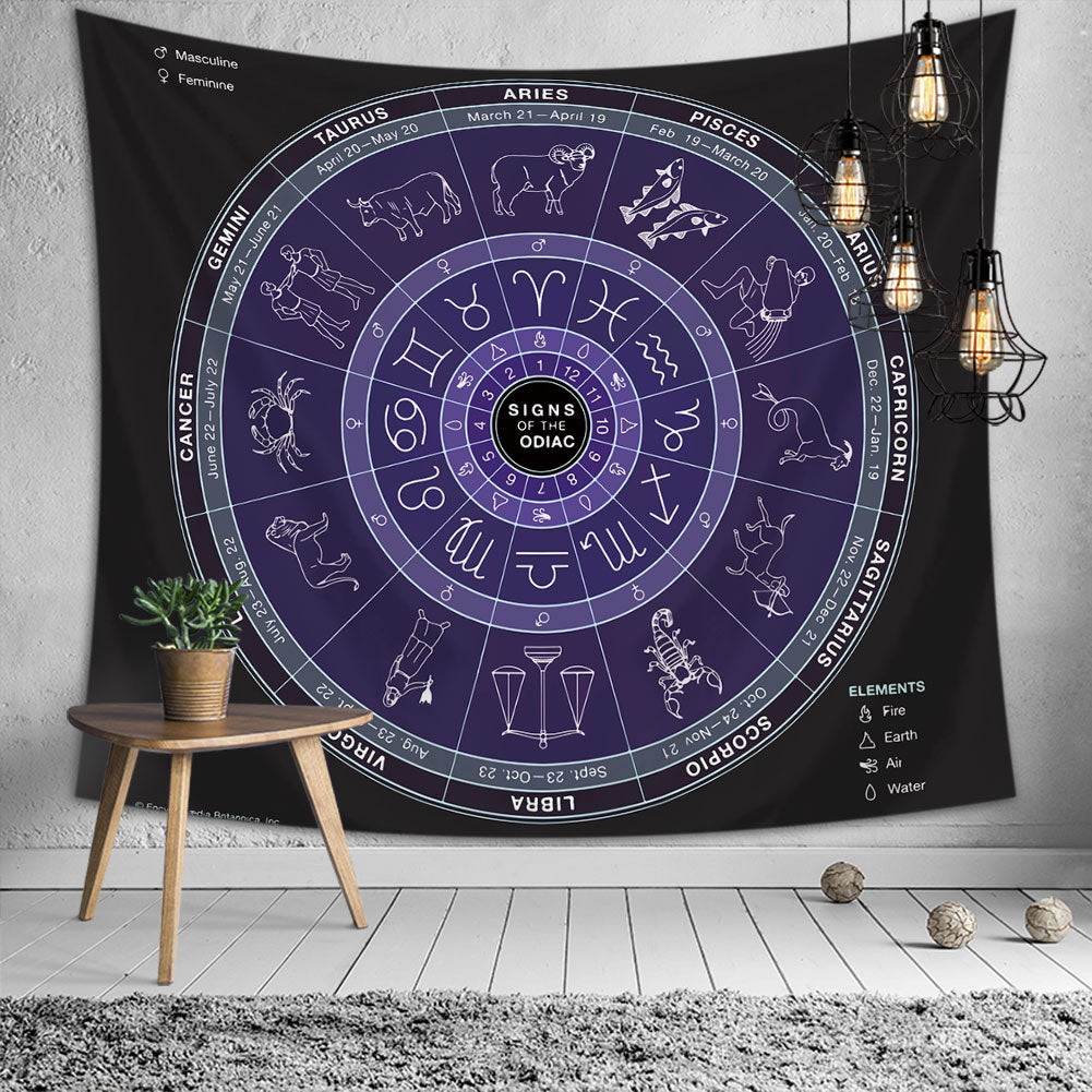 Aesthetic Zodiac Tapestry featuring vibrant celestial designs, made of soft polyester fabric, ideal for wall hanging or decor.