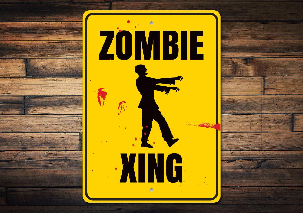 A decorative Zombie Crossing Sign made of high-quality aluminum, featuring a spooky design perfect for Halloween decor.
