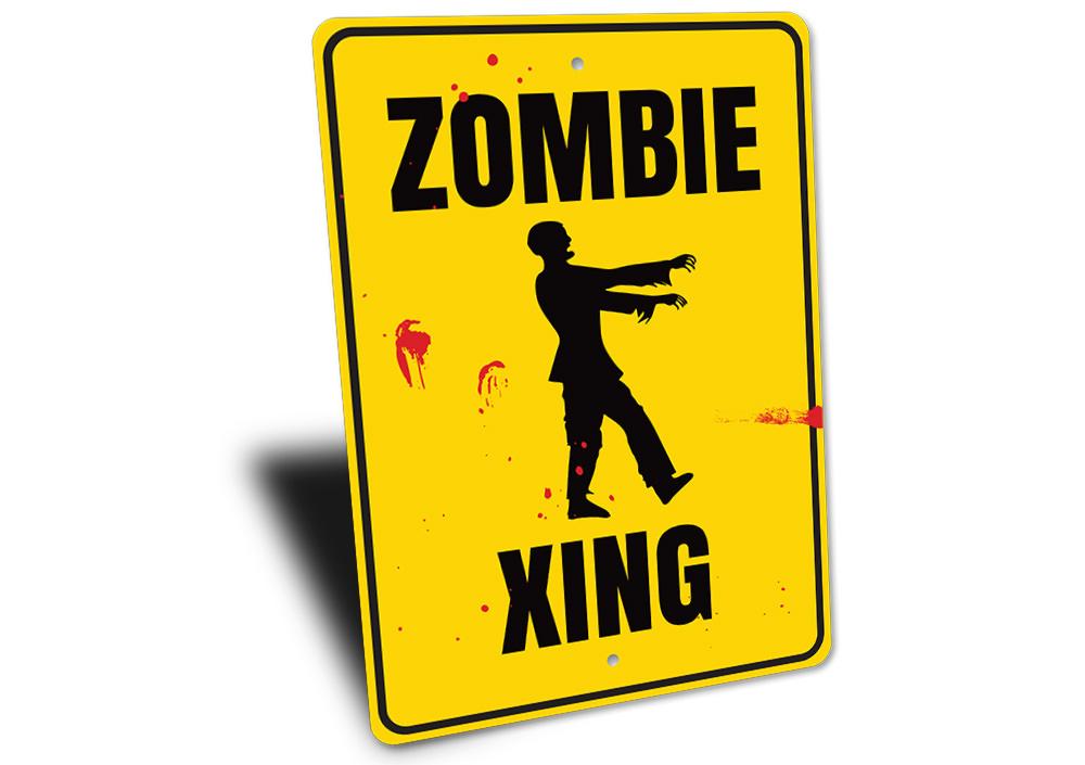 A decorative Zombie Crossing Sign made of high-quality aluminum, featuring a spooky design perfect for Halloween decor.