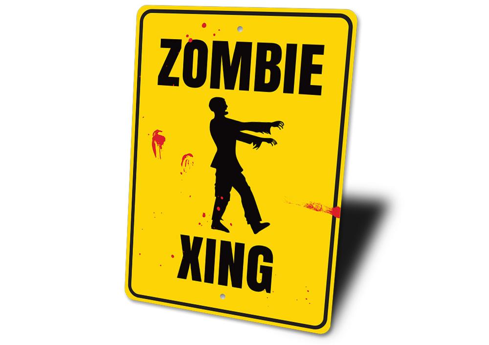 A decorative Zombie Crossing Sign made of high-quality aluminum, featuring a spooky design perfect for Halloween decor.
