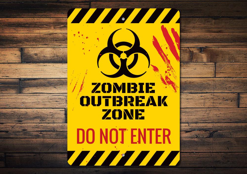 A spooky Zombie Do Not Enter Sign made of high-quality aluminum, featuring eerie graphics perfect for Halloween decorations.