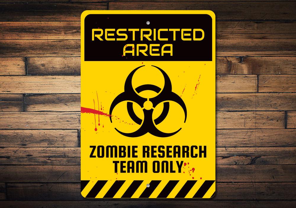 A decorative Zombie Restricted Area Sign made of high-quality aluminum, featuring spooky graphics perfect for Halloween decor.