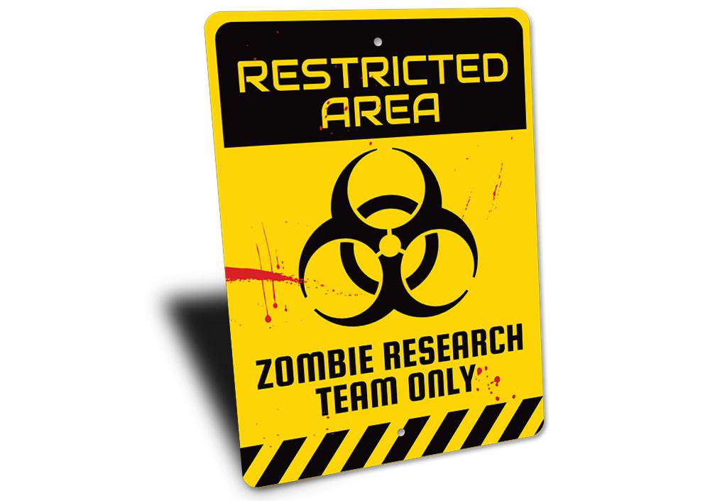 A decorative Zombie Restricted Area Sign made of high-quality aluminum, featuring spooky graphics perfect for Halloween decor.