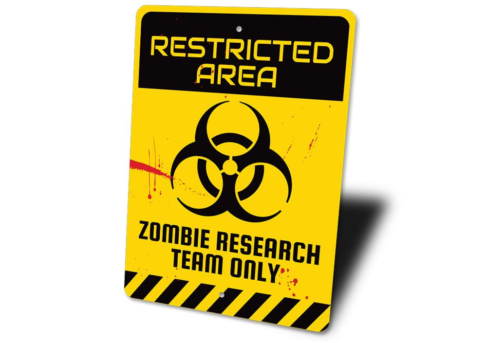 A decorative Zombie Restricted Area Sign made of high-quality aluminum, featuring spooky graphics perfect for Halloween decor.