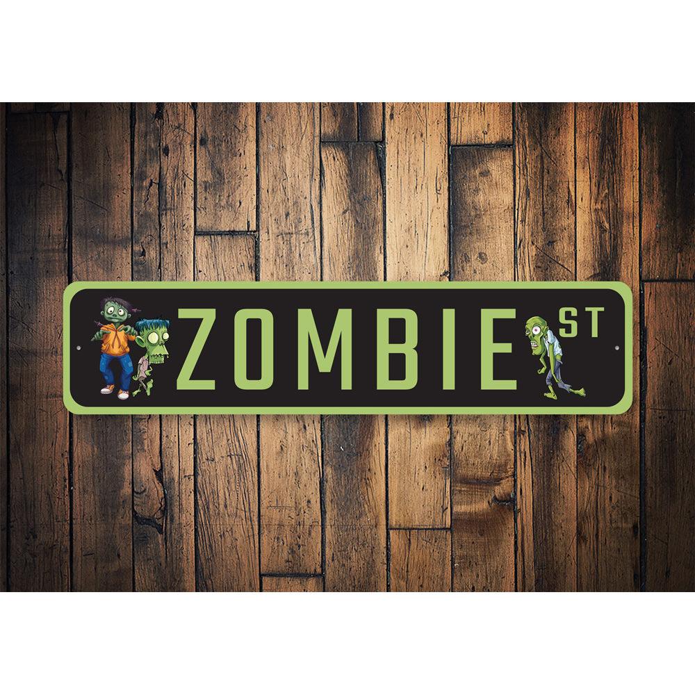 Zombie Street Sign made of durable aluminum, featuring a unique design perfect for home decor.
