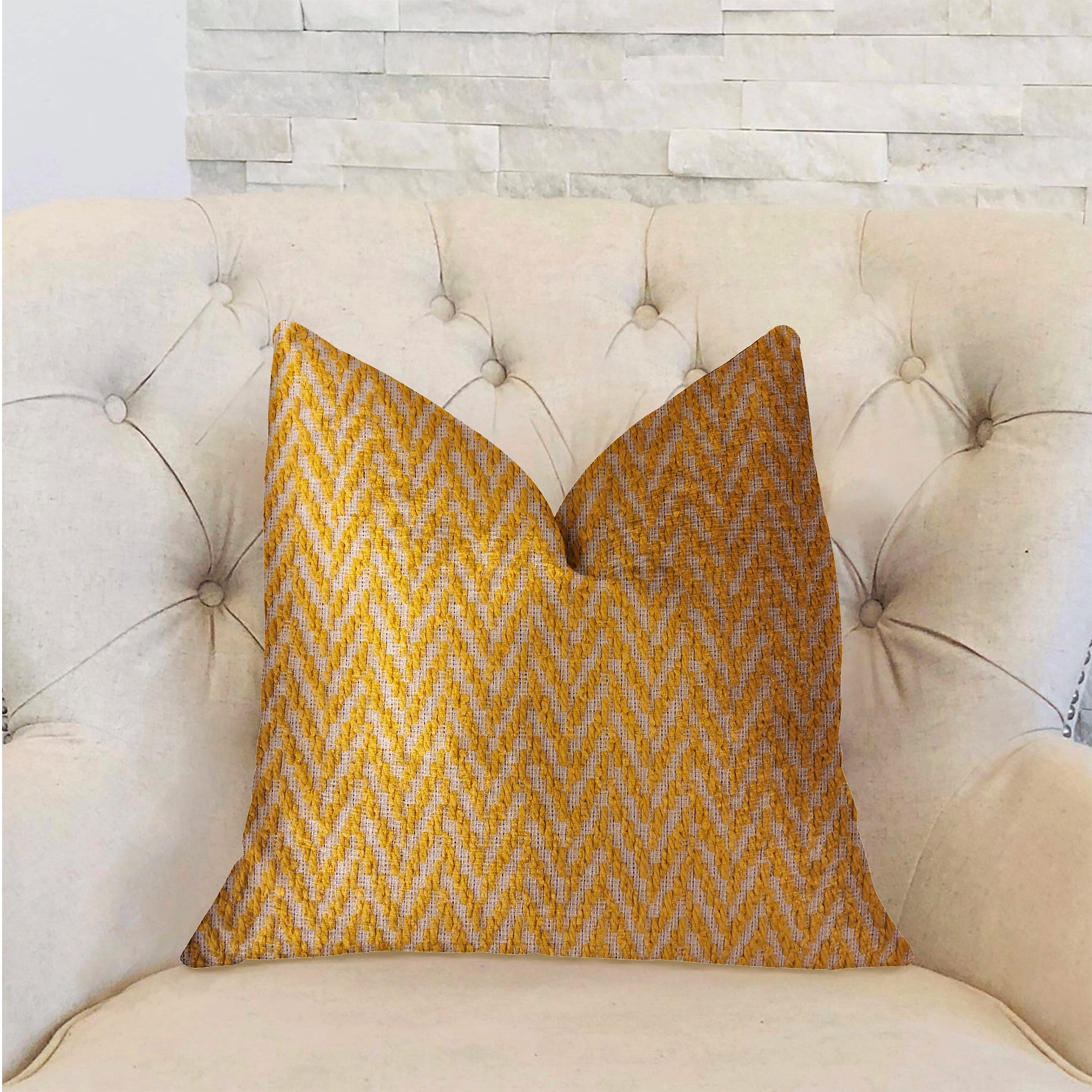 Zun Rise Yellow and Beige Luxury Throw Pillow featuring a vibrant dobby pattern with an invisible zipper, handmade in the USA.