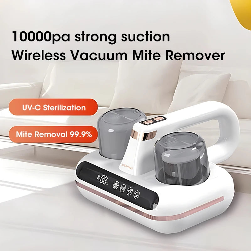 Cordless handheld vacuum cleaner designed for mattress and mite removal, featuring a sleek white design and UV-C sterilization technology.