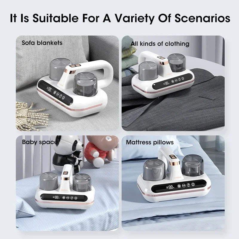 Cordless handheld vacuum cleaner designed for mattress and mite removal, featuring a sleek white design and UV-C sterilization technology.