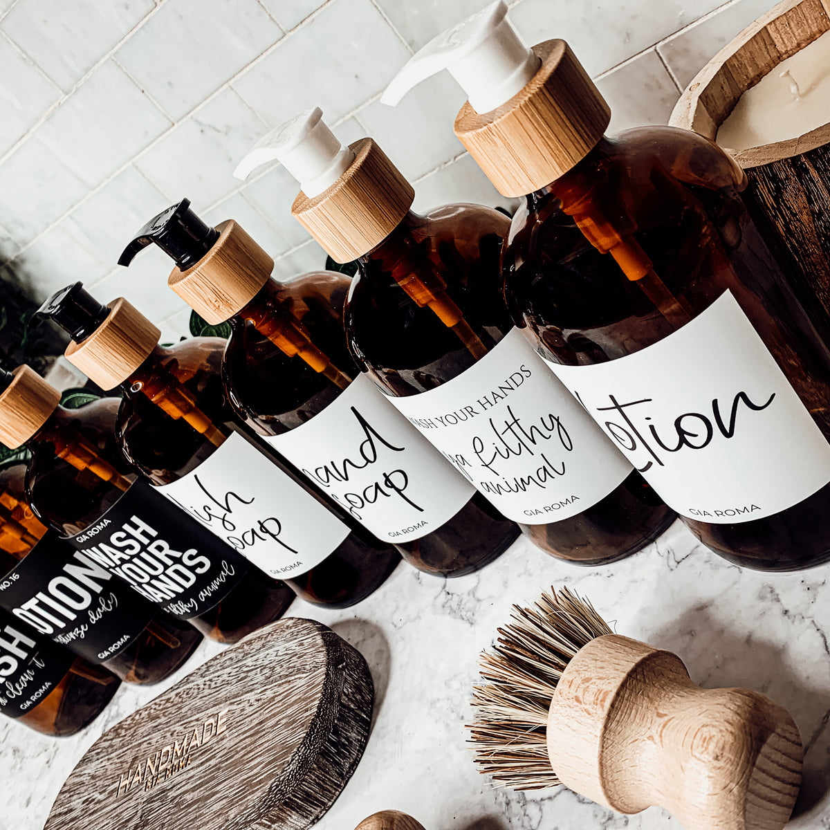 16oz amber glass dispenser with customizable waterproof labels, showcasing elegant design and functionality.