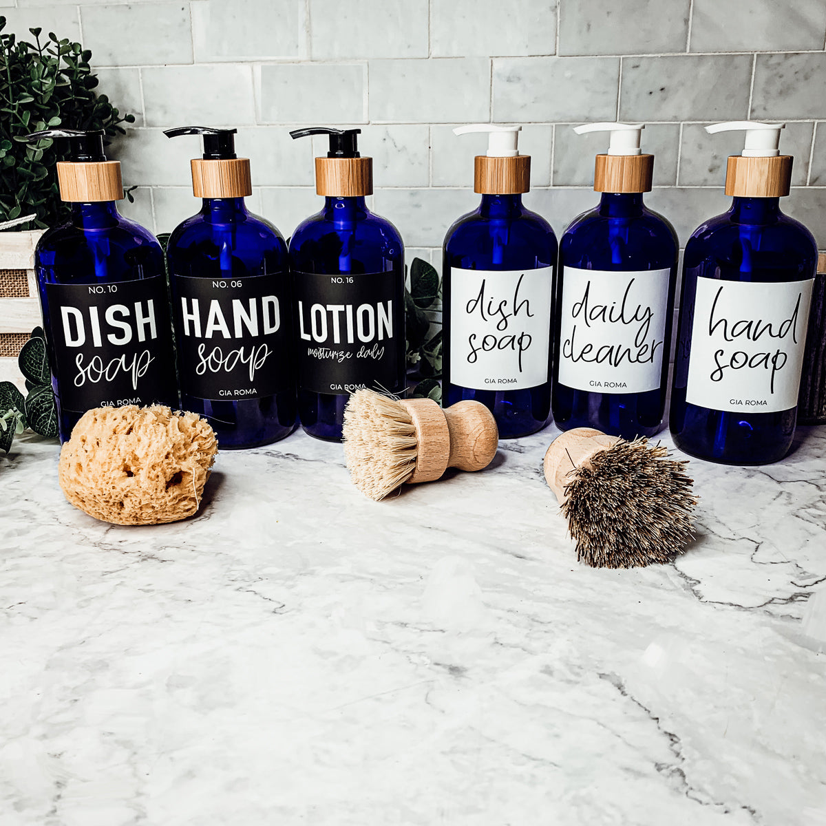 16oz blue glass dispenser with customizable waterproof labels, perfect for home decor.