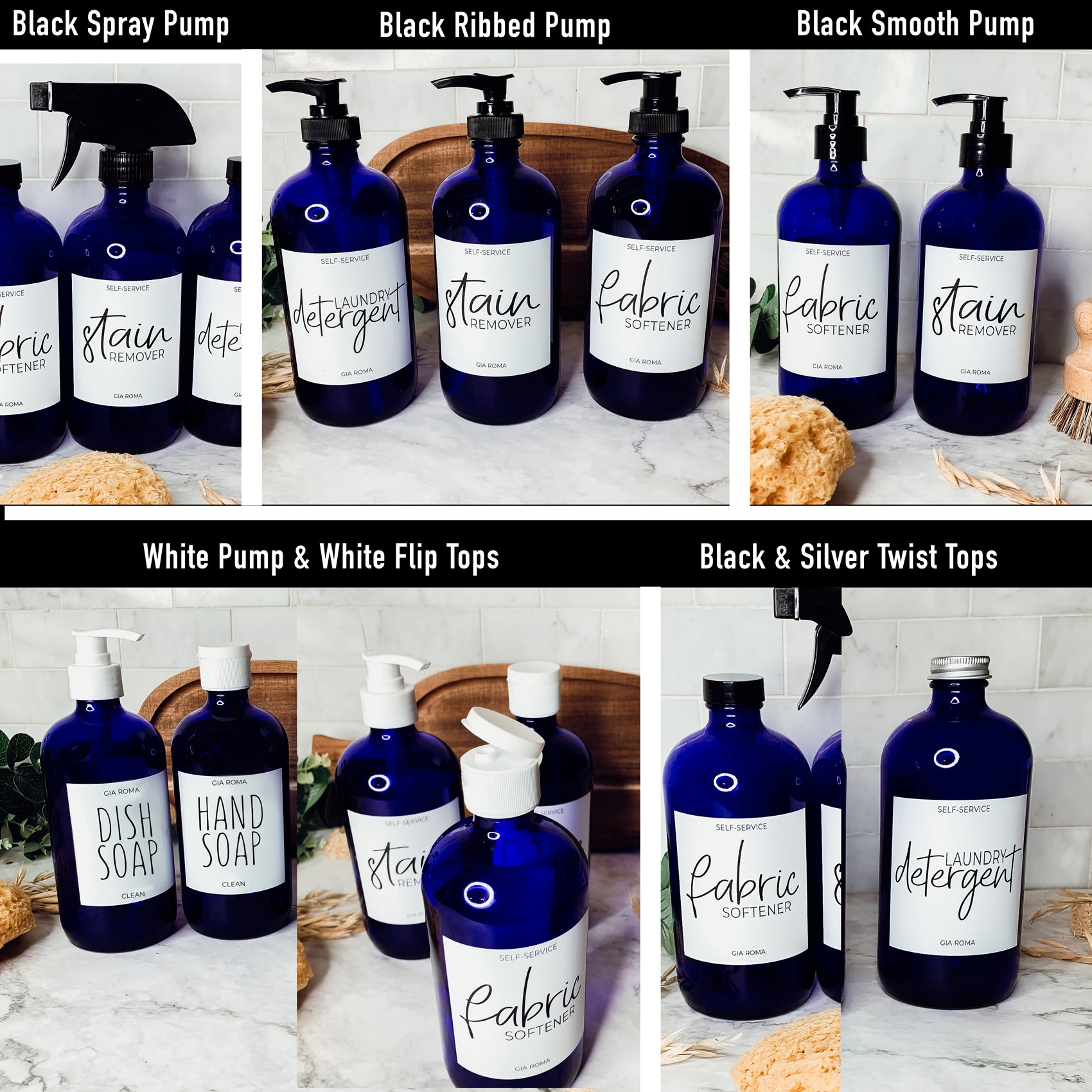 16oz blue glass dispenser with customizable waterproof labels, perfect for home decor.