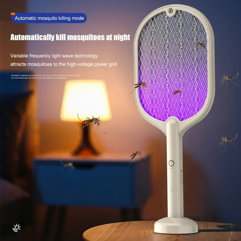 A 2 in 1 Electric Insect Racket Swatter with USB rechargeable feature and LED light, designed for effective mosquito and bug elimination.