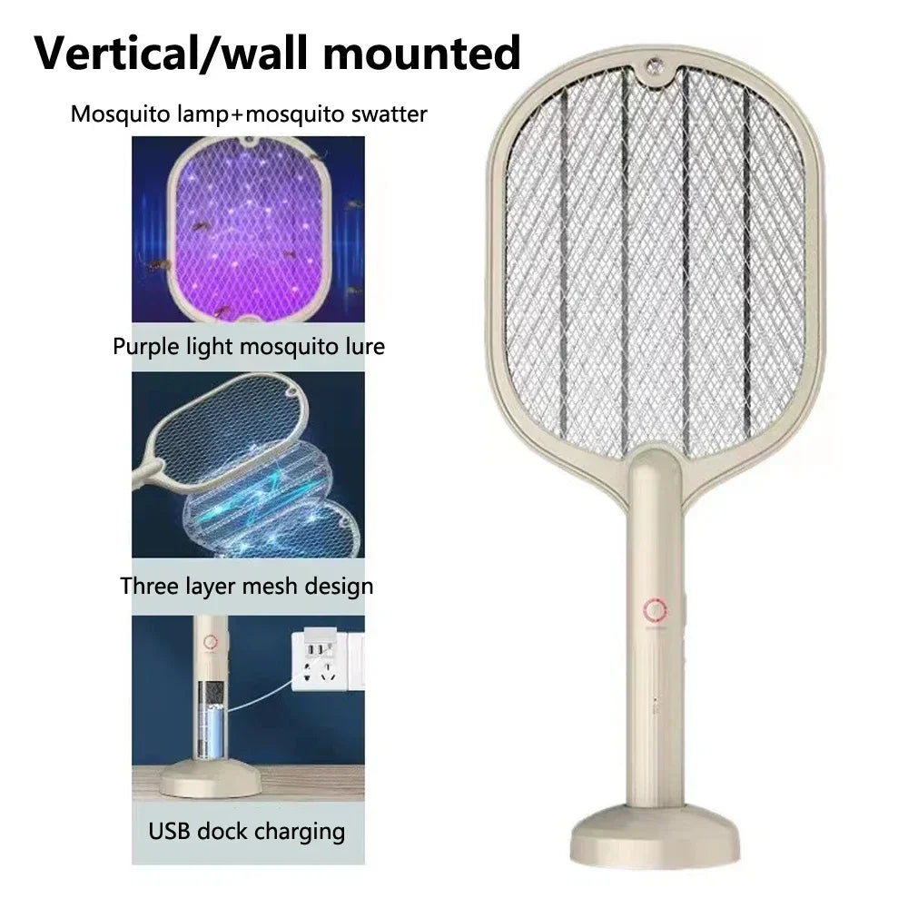 A 2 in 1 Electric Insect Racket Swatter with USB rechargeable feature and LED light, designed for effective mosquito and bug elimination.