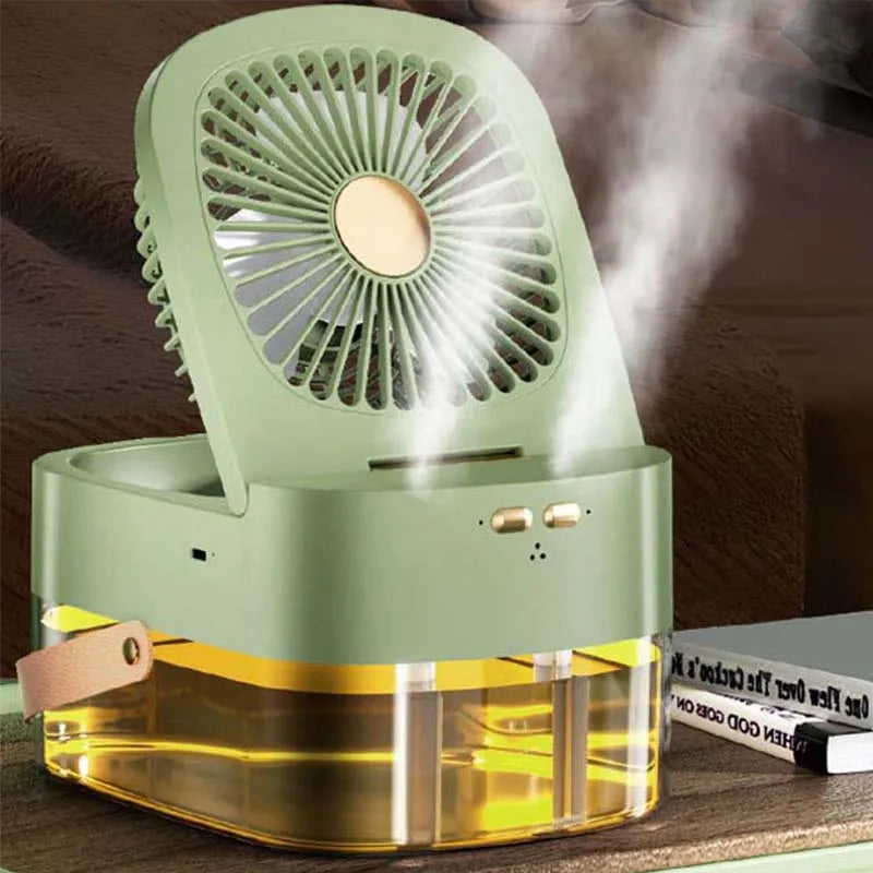 A sleek 2.5L large-capacity desktop humidification spray fan in white and green, showcasing its modern design and USB portability.