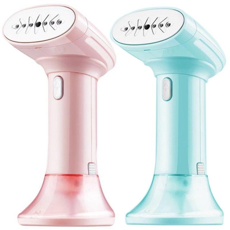 A pink and blue 2-in-1 portable handheld garment and fabric steamer, showcasing its sleek design and detachable water tank.