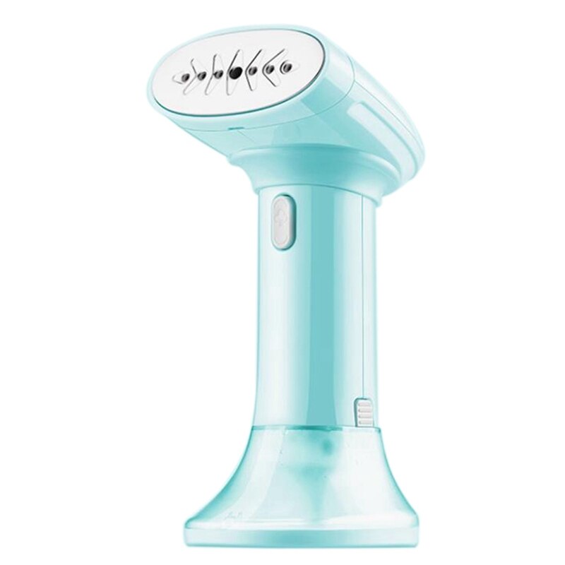 A pink and blue 2-in-1 portable handheld garment and fabric steamer, showcasing its sleek design and detachable water tank.