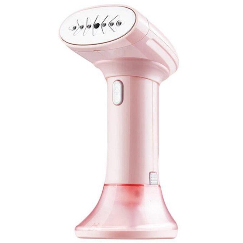 A pink and blue 2-in-1 portable handheld garment and fabric steamer, showcasing its sleek design and detachable water tank.