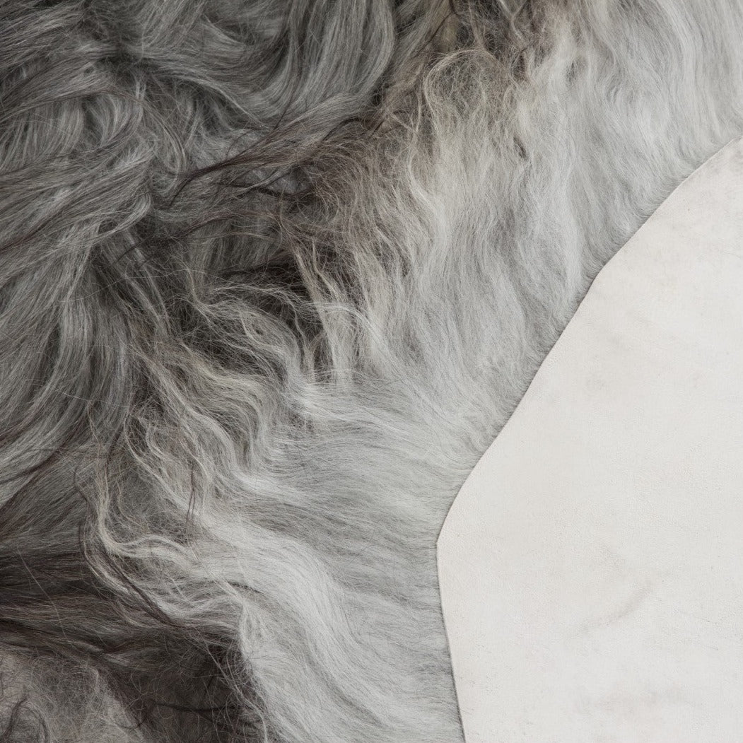 Set van vier IJslandse schapenvachten in natuurlijk grijs, perfect voor decoratie en comfort.