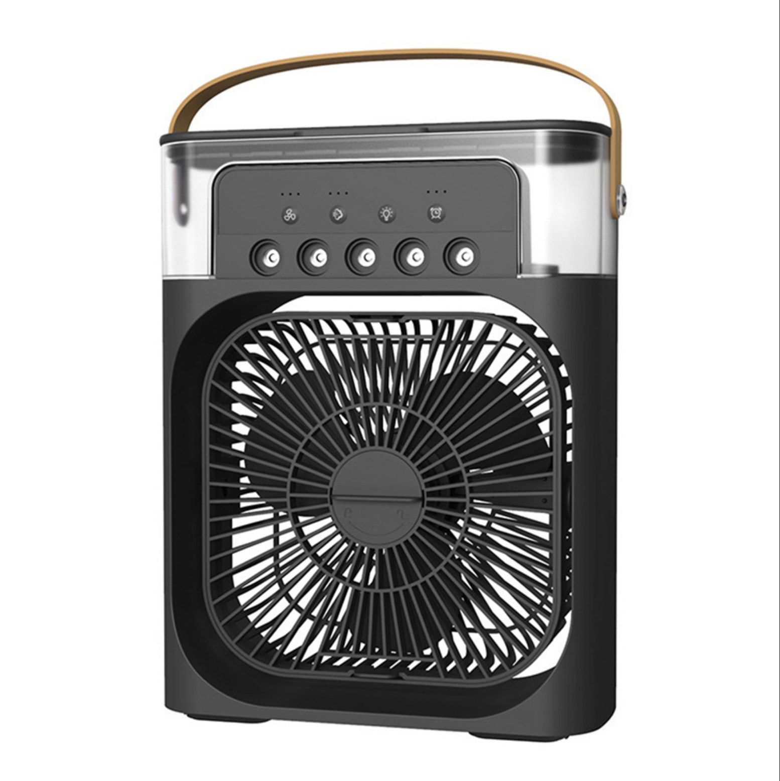 6 Inch Air Conditioner Cooling Fan with 3 speeds, 5 sprays, and 7 color LED lights, featuring a sleek design and detachable water tank.