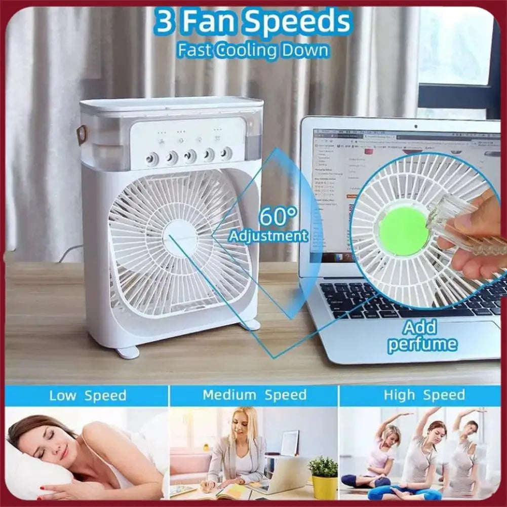 6 Inch Air Conditioner Cooling Fan with 3 speeds, 5 sprays, and 7 color LED lights, featuring a sleek design and detachable water tank.