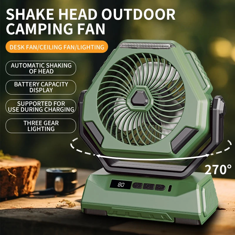 A portable 6000mAh camping fan with oscillating head, LED flashlight, and USB charging cable, ideal for outdoor use.