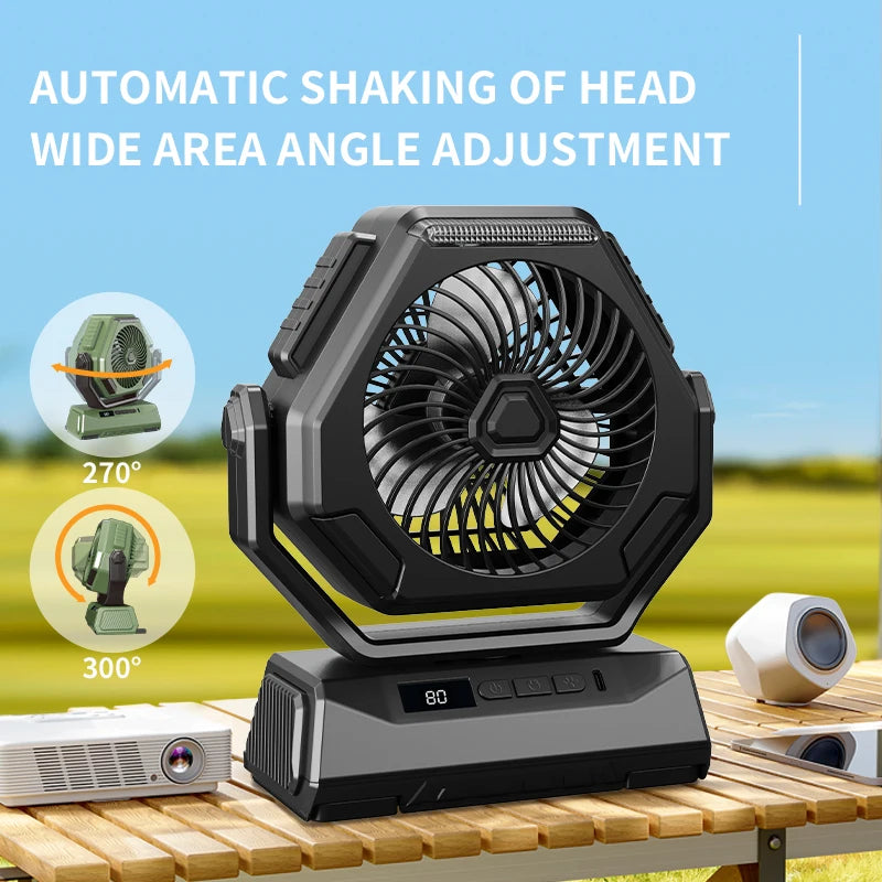 A portable 6000mAh camping fan with oscillating head, LED flashlight, and USB charging cable, ideal for outdoor use.