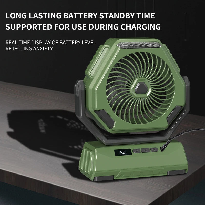 A portable 6000mAh camping fan with oscillating head, LED flashlight, and USB charging cable, ideal for outdoor use.