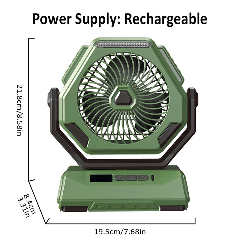 A portable 6000mAh camping fan with oscillating head, LED flashlight, and USB charging cable, ideal for outdoor use.