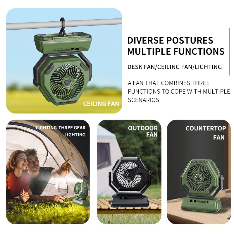 A portable 6000mAh camping fan with oscillating head, LED flashlight, and USB charging cable, ideal for outdoor use.