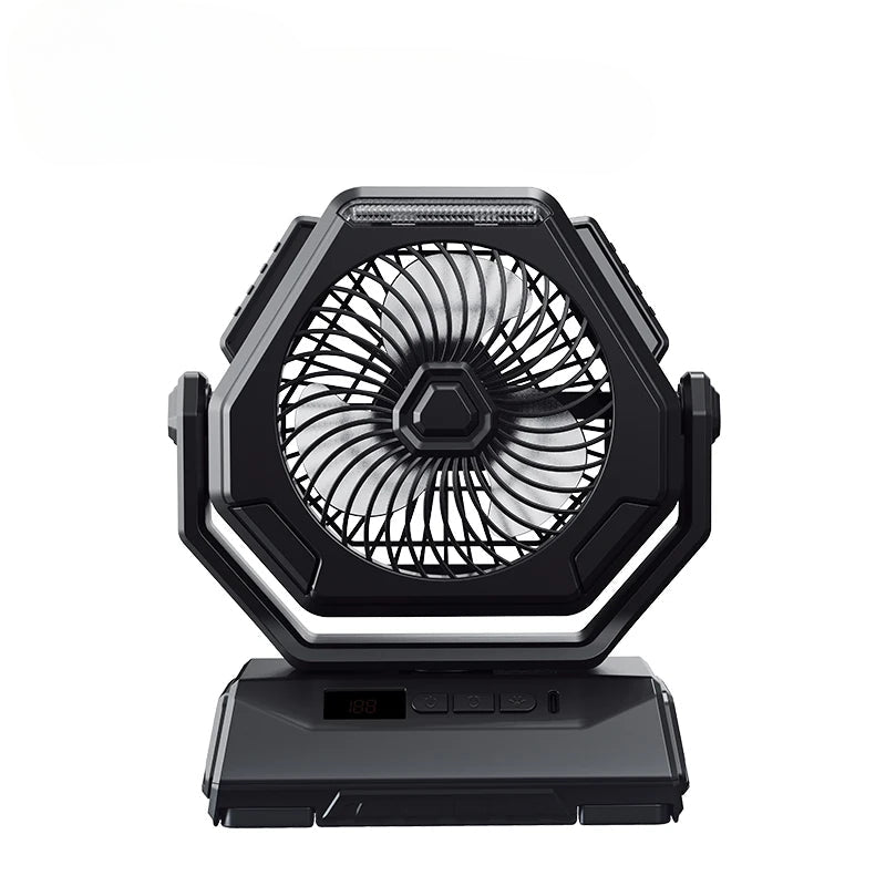 A portable 6000mAh camping fan with oscillating head, LED flashlight, and USB charging cable, ideal for outdoor use.