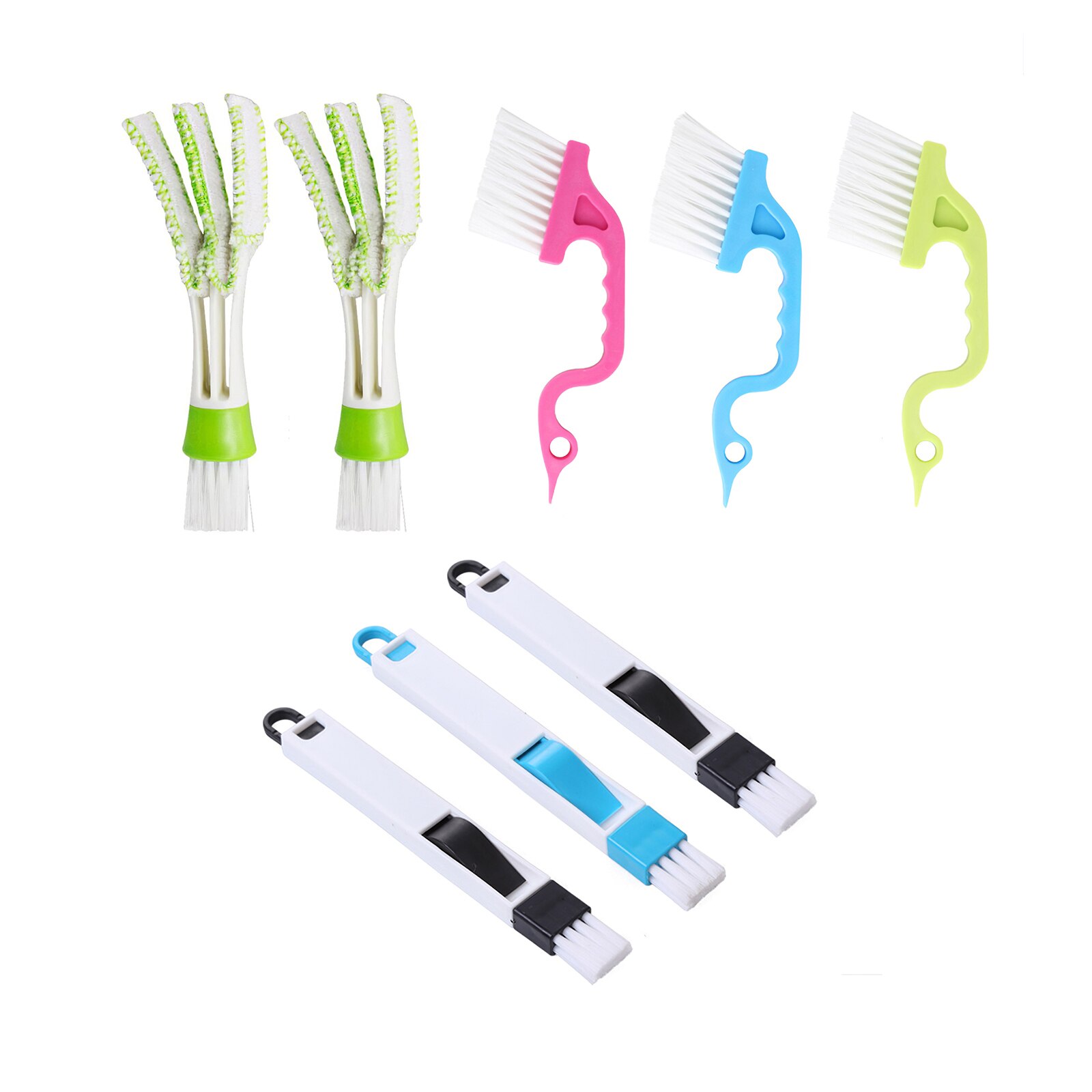 8pcs multipurpose nylon cleaning brush set including blinds, crevice, and dustpan brushes for efficient cleaning.