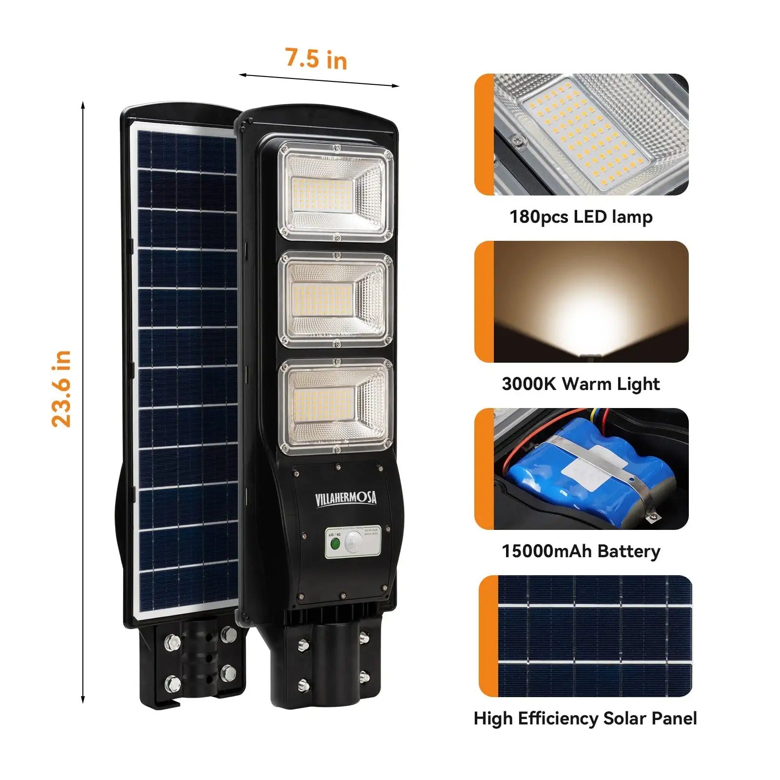90W solar street LED light with warm white 3000K glow, showcasing its sleek design and solar panel for outdoor use.