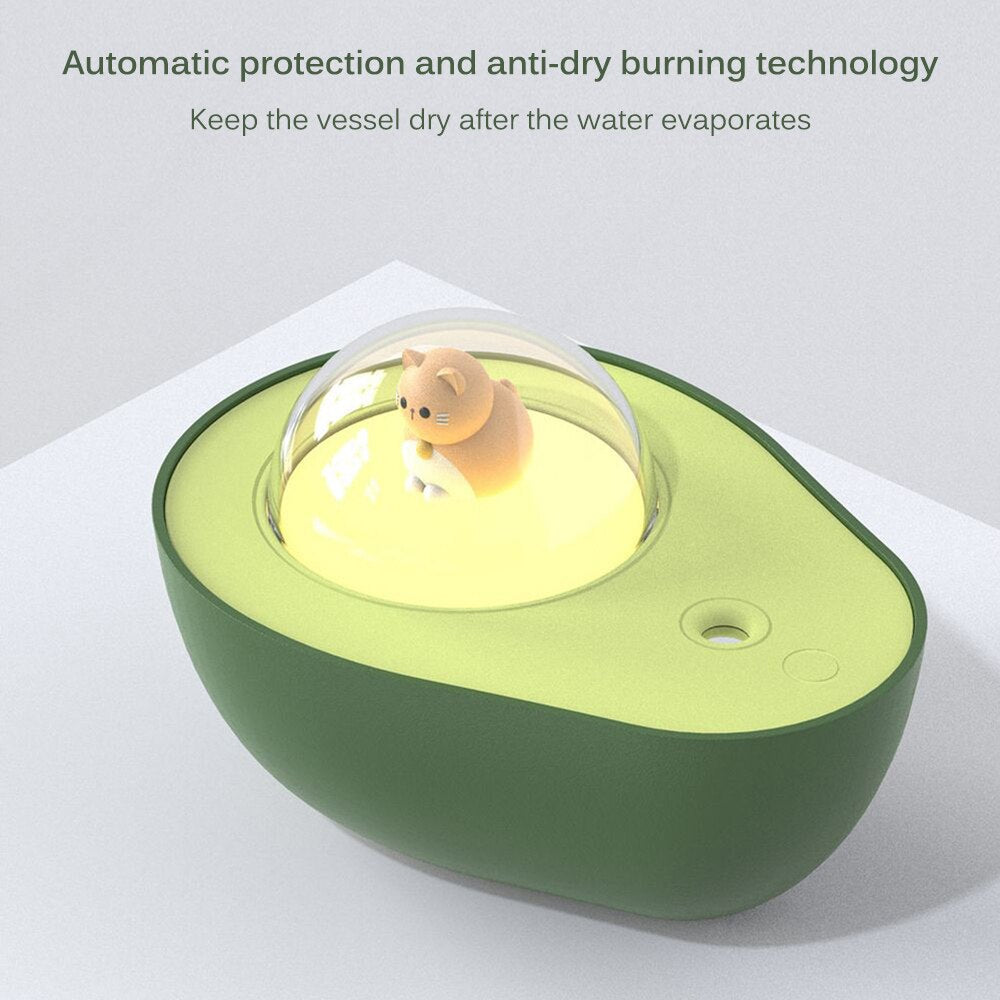 Air Humidifier in avocado shape with night light and essential oil diffuser, designed for car use, showcasing its cute cat design.