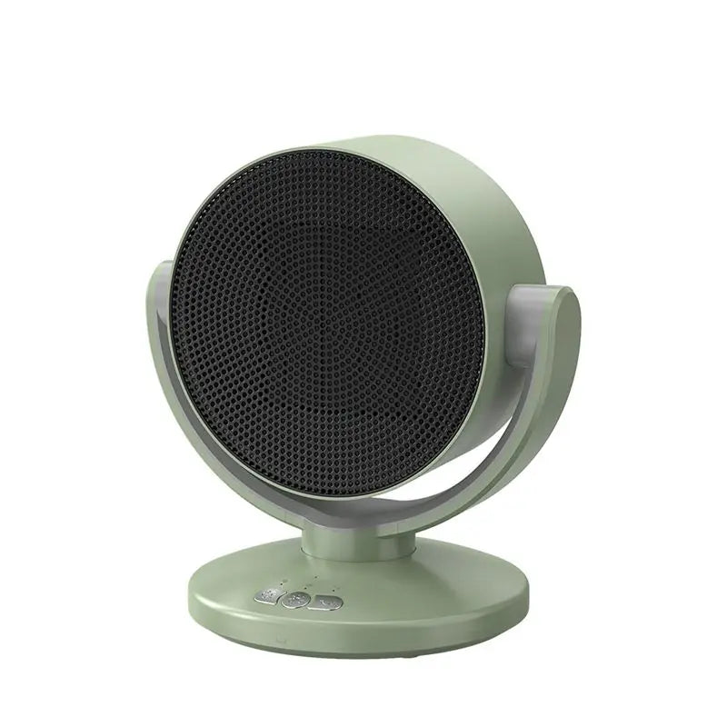 Automatic Swing Head Air Warmer in yellow and green, showcasing its compact design and control knob for versatile heating options.