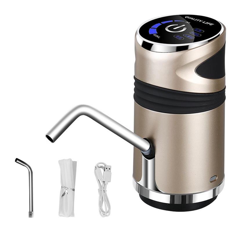 Automatic Water Dispenser Drinking Water Bottle Pump in gold and silver colors, showcasing its compact design and touch control feature.