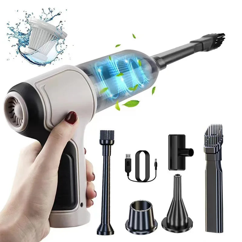 Portable car vacuum cleaner in grey and green with strong suction power, designed for effective vehicle cleaning.