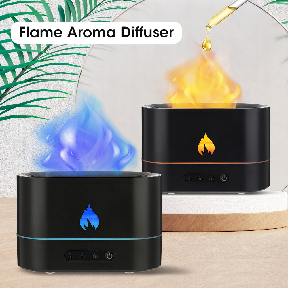 Double Color Flame Diffuser showcasing ultrasonic aromatherapy with LED flame effect, designed for essential oils.