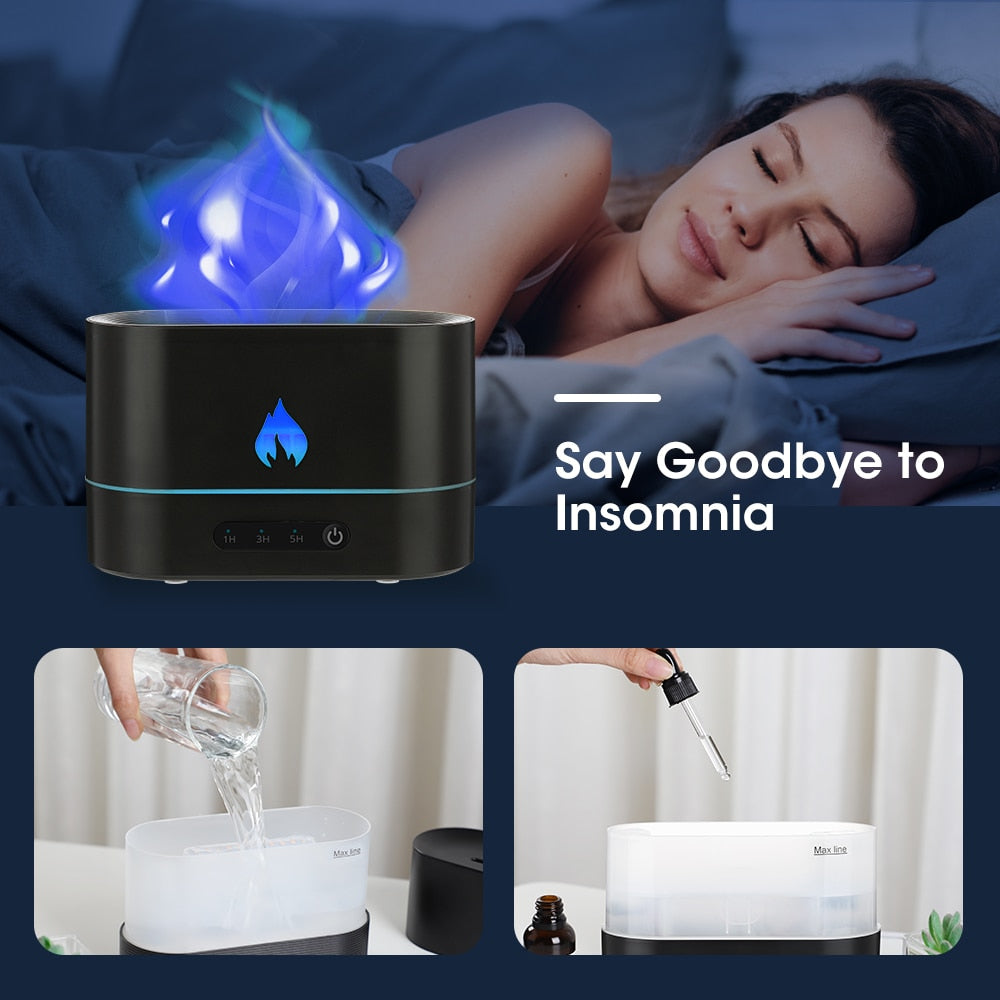 Double Color Flame Diffuser showcasing ultrasonic aromatherapy with LED flame effect, designed for essential oils.