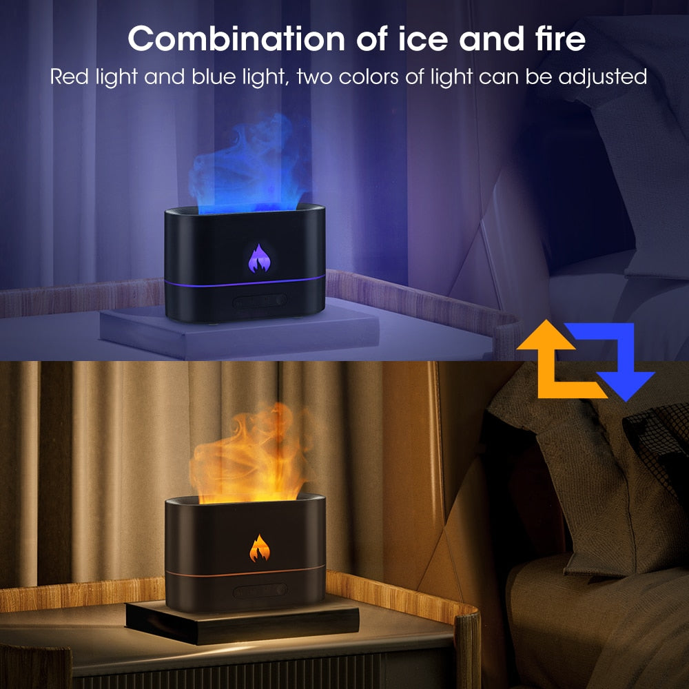 Double Color Flame Diffuser showcasing ultrasonic aromatherapy with LED flame effect, designed for essential oils.