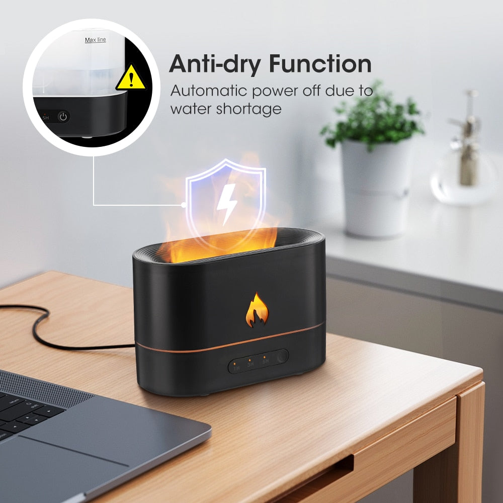 Double Color Flame Diffuser showcasing ultrasonic aromatherapy with LED flame effect, designed for essential oils.